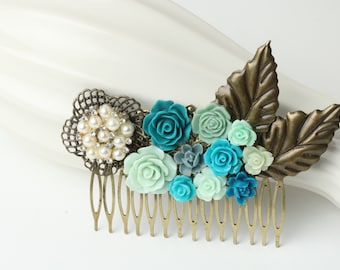 Vintage Style Wedding Hair Comb, Aqua Turquoise Mint Blue Flower Hair Comb, Bridal hair comb, Aqua Blue Hairpiece, Bridesmaid Gift