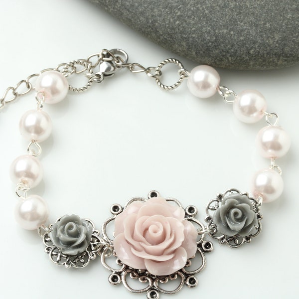 Pink and Gray Rose Bracelet, Shabby Chic Wedding Jewelry, Pink and Grey Bracelet, Bridesmaid gift, Vintage Style Wedding Bracelet