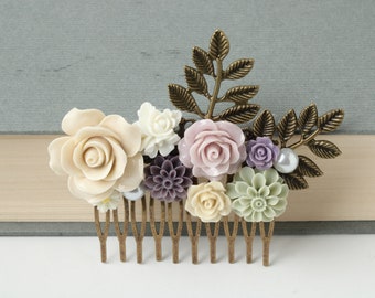 Flower Hair Comb, ivory, pink green, lilac hair comb, Bridal hair comb, Hairdpiece, Vintage Wedding hair accessories, Bridesmaid gift