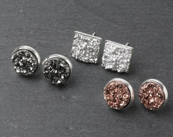 Druzy Earrings Set, 3 Pairs of Druzy Stud Earrings On Silver Settings, Square Druzy, Silver Druzy, Rose Gold Druzy, earrings set