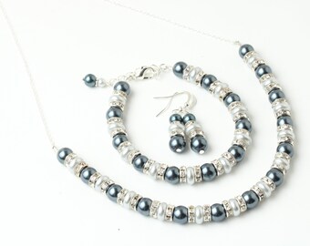 Schwarzes und silbernes Perlen-Schmuckset, Perlen- und Strass-Halskette, Ohrringe, Armband-Set, Schmuck für die Mutter des Bräutigams, Geschenk für die Trauzeugin