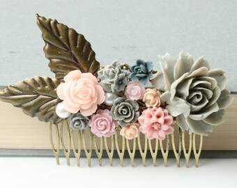 Pink and Grey Hair Comb, Flower comb, Floral Hairpiece, Pink Gray Wedding Hair Comb, Vintage Style Hair Comb, Pink Grey Hair Accessories