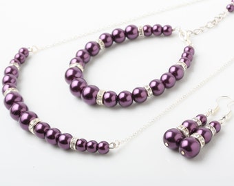 Plum Pearl Necklace and Earrings Set, Plum  Bridesmaid Jewelry Set, Plum Wedding Jewelry, Maid of honor Jewelry, Mother of the Bride Gift