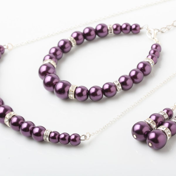 Plum Pearl Necklace and Earrings Set, Plum  Bridesmaid Jewelry Set, Plum Wedding Jewelry, Maid of honor Jewelry, Mother of the Bride Gift