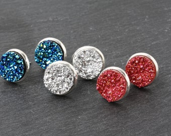 Druzy Earrings Set, Blue Druzy Earrings, Silver Druzy Earrings, Red Druzy Earrings, Set of 3 Druzy studs