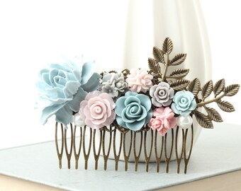 Bridal Hair Comb, Vintage Style Wedding Hair Accessories, Dusty Blue Gray Dusty Pink Hair Comb, Wedding Hairpiece, Flower Hair Comb