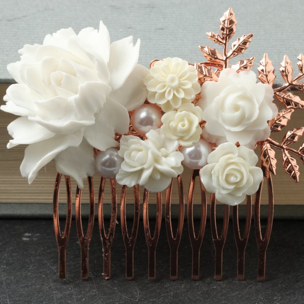 Rose Gold Bridal Hair Comb, White Rose Gold Hair Comb, Bridesmaid Hair Comb, Bride Hairpiece, Wedding Hair Accessories, Rose Gold Hair Comb