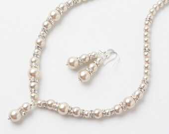 Braut-Champagner-Perlenkette, Champagner-Brautschmuckset, Beige Perlen-Brauthalskette und Ohrringe, Brauthalskette, Champagner-Hochzeit