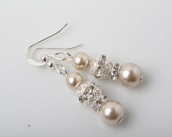 Champagne Pearl Earrings, Pearl and Rhinestone Earrings, Champagne Bridesmaids Earrings, Champagne Wedding Earrings, Pearl Drop Earrings