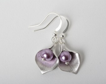 Purple Pearl Earrings, Purple Bridesmaid Earrings, Purple Calla Earrings, Wedding Earrings, Bridesmaid Jewelry, purple earrings