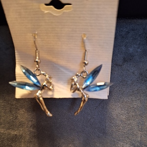Vintage silver tone Fairy earrings Blue wings