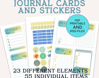 Pegatinas y tarjetas de diario, descarga digital para imprimir y cortar con Fussycut o Cricut, accesorios para planificadores, azul y amarillo