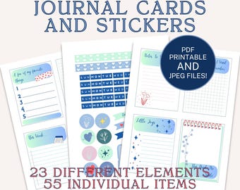 Tarjetas de diario y pegatinas digitales para imprimir y cortar con Fussycut o Cricut. Accesorios para planificadores, azul y verde.