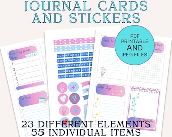 Pegatinas y tarjetas de diario, descarga digital para imprimir y cortar con Fussycut o Cricut, accesorios para planificador, color lila y rosa.