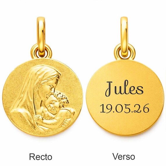 Médaille baptême Vierge à l’Enfant gravée – bijou plaqué or 18 carats – médaille religieuse personnalisée prénom – cadeau baptême