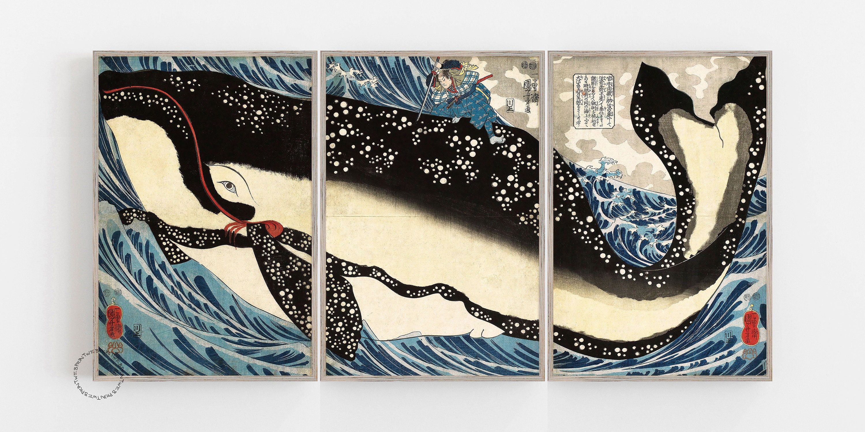 Triptych 3 Pieces Ukiyo-e Edo Japanese Art Musashi on the Back | Etsy