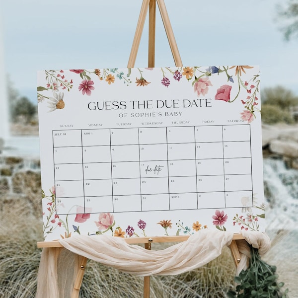 Guess Due Date Kalender, Baby-Dusche-Signatur, buntes Baby-Dusche-Schild, Wildblumen-Babyparty-Schild #Viona