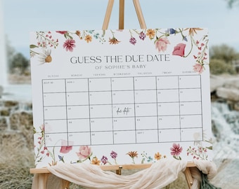Guess Due Date Calendar, Baby shower Due Date calendar Sign, Colorful Baby Shower sign, Wildflower Baby shower sign #Viona