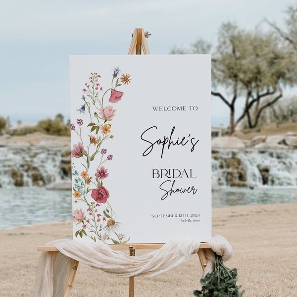 Panneau de bienvenue nuptiale de douche, modèle de panneau de bienvenue de douche nuptiale de fleurs sauvages, panneau de bienvenue floral coloré #Viona