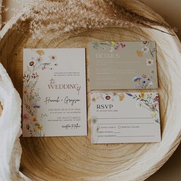 Wildflower wedding invitation set, Floral boho invitation, Wedding invitation template, Beige wedding invitation template  #Amara