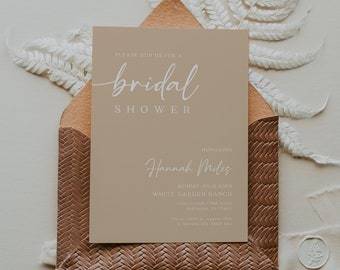 Bridal shower invitation, Boho bridal shower invitation, Digital bridal shower invitation, Invitation template, Beige invitation | BELLAMY