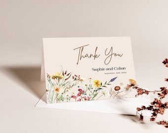 Thank you card template, Boho Beige thank you cards, Wildflower floral thank you card wedding #Amara