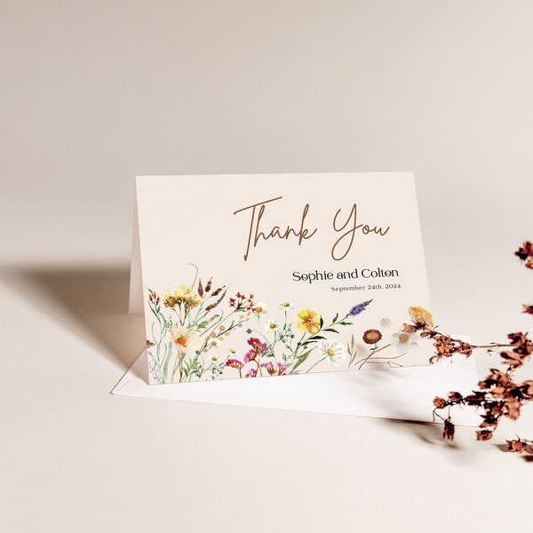 Plantilla de tarjeta de agradecimiento, tarjetas de agradecimiento Boho Beige, boda de tarjeta de agradecimiento floral de flores silvestres #Amara