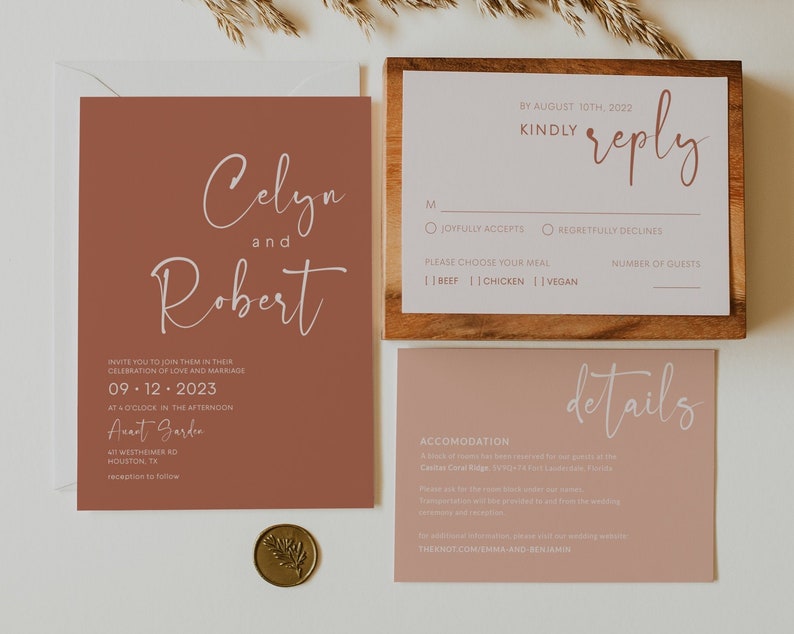 Wedding invitation terracotta Burnt orange wedding invitation Wedding invitation template RSVP and Details card template