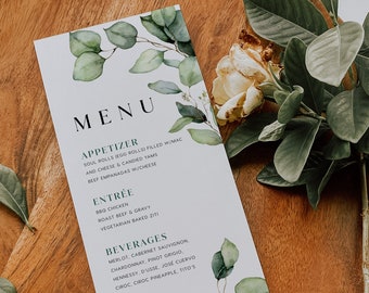 Greenery floral menu template, Eucalyptus wedding menu, Floral sage menu template  #simone