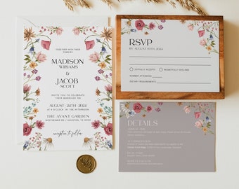 Boho Floral Wedding Invitation, Wildflower wedding invitation, Spring Summer Wildflower wedding invitation set #Viona