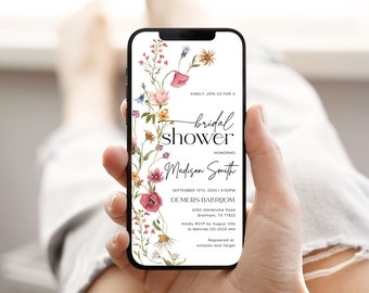 Floral Bridal Shower Invitation, Evite Bridal Shower, Colorful Wildflower Invitation, Digital Bridal Shower Invitation template #Viona