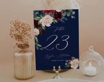 Wedding table numbers template, Navy table numbers, Bohemian blush, burgundy and navy wedding menu #navysh