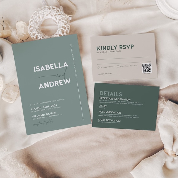 Boho Sage Green Wedding Invitation set, Minimalist wedding invitation set, Sage Wedding Invitation with RSVP and Details card #boldy