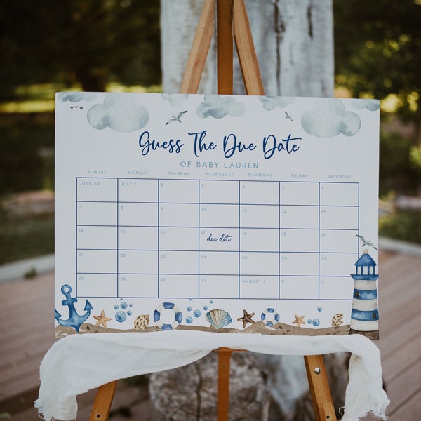 Baby Shower Due Date calendar, Due Date calendar sign template, Nautical baby shower sign, Nautical Due Date template #Nautical