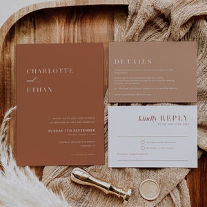 Terracotta wedding invitation suite, Wedding invitation set with RSVP and Details cards, Editable invitation set #TR021LWT