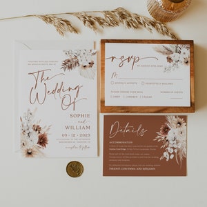 Boho wedding invitation, Modern terracotta boho invitation, Invitation template , Boho pampas invitation set #Ellery