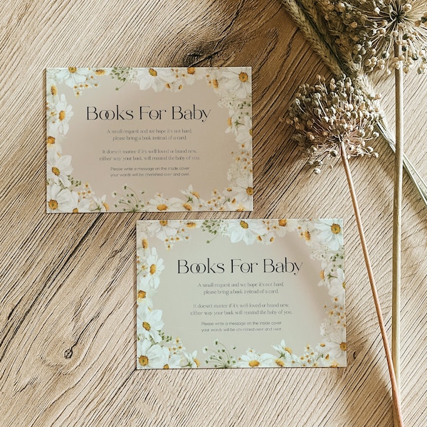 Books For Baby Card, Beige Baby Shower Books Card Template, Daisy Flower Baby Shower Theme, Neutral Baby Shower #DaisyBaby