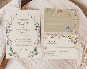 Floral wedding invitation, Wildflower Wedding invitation, Wedding invitation template, boho Wedding invitation set  #Amara