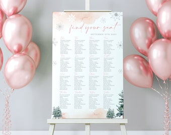 Pink Seating chart, Seating chart template, Winter Seating chart sign, Winter wonderland stationery #ROSEWW