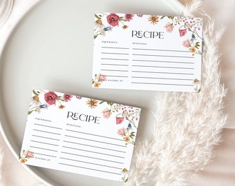 Recipe card template, Recipe card bridal shower, Wildfower Floral Bridal shower template  #Viona