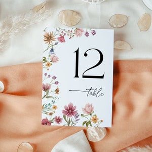 Wildflower Table Number Sign, Colorful Floral Wedding table number template, Spring summer wildflower sign template #Viona