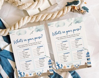 What's in your purse game, Baby Shower What's in your purse game, Nautical baby shower games, Game template #Nautical