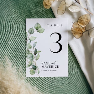 Floral greenery table number sign, Wedding table numbers template, Eucalyptus greenery table number simone image 1