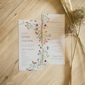 Wedding ceremony program, Wedding party program cards, Boho wedding program template, Beige Wildflower program cards #Amara
