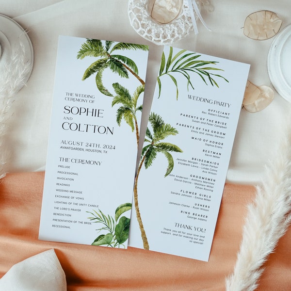 Wedding reception program cards, Program card template, Tropical Wedding ceremony program, Tropical Wedding Destination stationery #Aloha