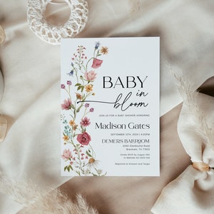 Faire-part bébé en fleurs, faire-part de baby shower, baby shower floral printemps-été, modèle d'invitation de baby shower numérique #Viona