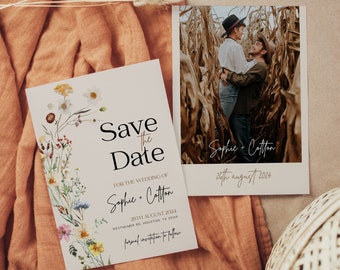 Boho Save The Date, Wildflower floral save The date, Beige Save The date, Save The Date template with a Photo  #Amara