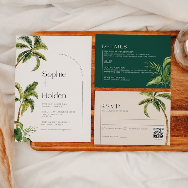 Wedding invitation set tropical, Tropical Greenery and Palm trees, Seaside themed wedding invitations set  #Aloha