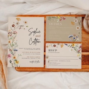 Boho Wedding Invitation set, Wildflower beige Wedding invitation template, Beige Floral Wedding invitation set Amara image 1