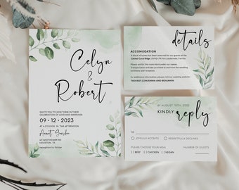 Eucalyptus invitation set, Invitation template, Eucalyptus wedding invitation | FLORA